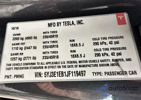 2018 Tesla Model 3 Long Range/Performance из США, поврежденный, VIN 5YJ3E1EB1JF119497